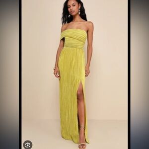 Poised performance chartreuse plisse one shoulder maxi dress